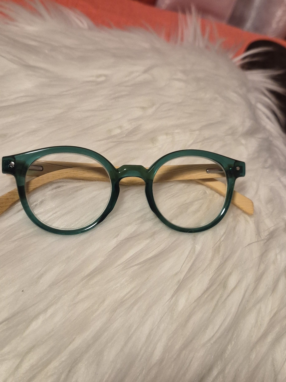 Green Round Frame Glasses with Wood Temple Arms
